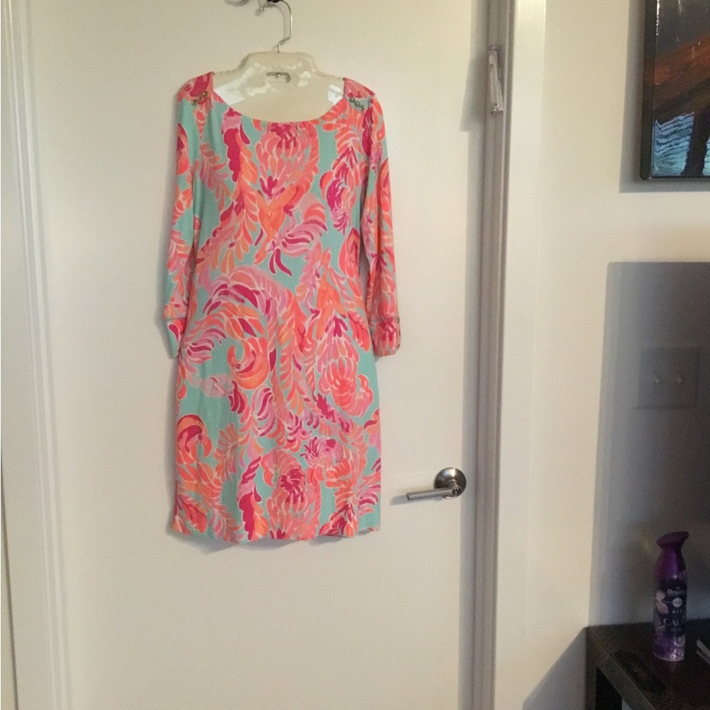 Lilly Pulitzer Mint and Coral Floral Long-Sleeve Shift Dress